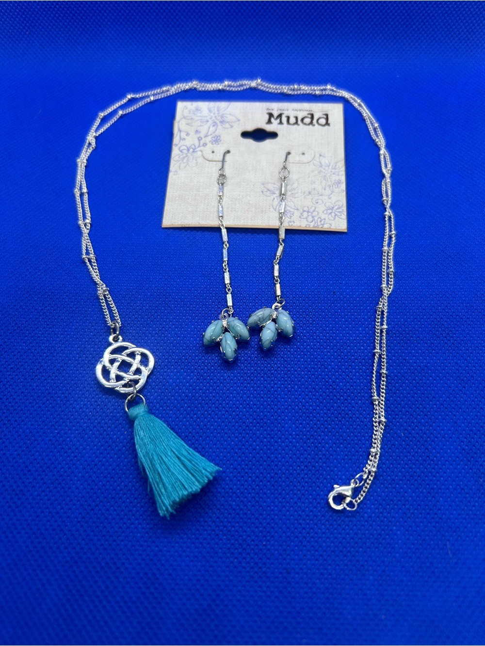 Silver Chain Necklace Teal Tassel & Mudd Turquoise Inspired Earrings